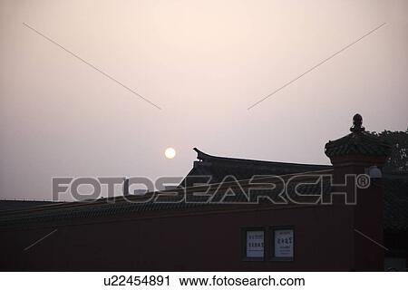 Stock Image - China, Liaoning Province, Shenyang, House and Moon. Fotosearch