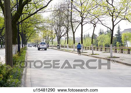 Stock Image - China, Suzhou, tree-lined street. Fotosearch