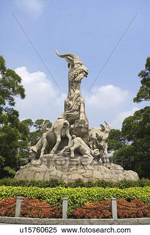 Stock Photography - China, Guangdong, Guangzhou, Yuexiu Park, Statue of Five Rams. Fotosearch
