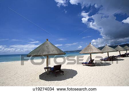 Beach chairs and umbrellas on beach, Sanya, Hainan, People's Republic of China View Large Photo Image Picture - Beach chairs and umbrellas on beach, Sanya, Hainan, People's Republic of China. Fotosearch