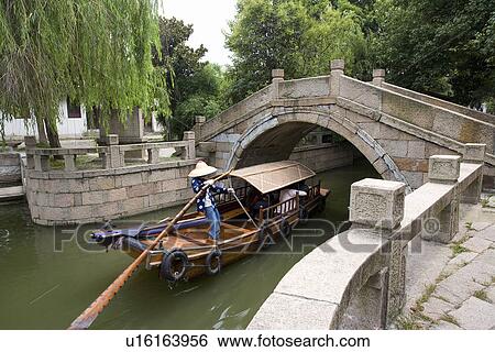 Stock Photograph - Asia, China, Jiangsu Province, Tongli Town, Rowing boat going through stone bridge. Fotosearch