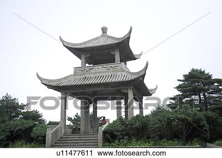 Stock Image - China, Anhui, Mt. Huangshan, pavilion. Fotosearch