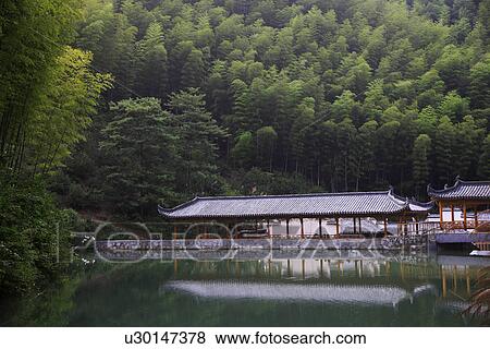 China, Anhui, Mount Huangshan area, bamboo forest, houses reflected in water View Large Photo Image Stock Photo - China, Anhui, Mount Huangshan area, bamboo forest, houses reflected in water. Fotosearch