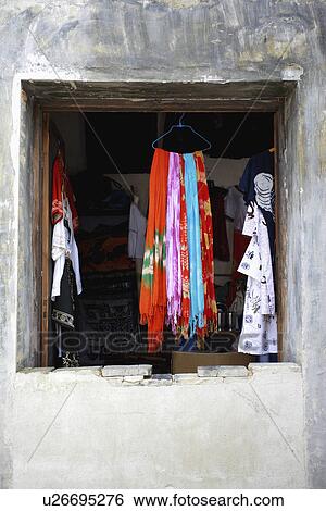 Stock Photograph - Clothes hanging by window, Hongcun village, Anhui Province, China, Asia. Fotosearch
