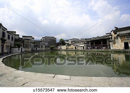 Stock Photo - Half-moon pond, Hongcun village, Anhui Province, China, Asia. Fotosearch