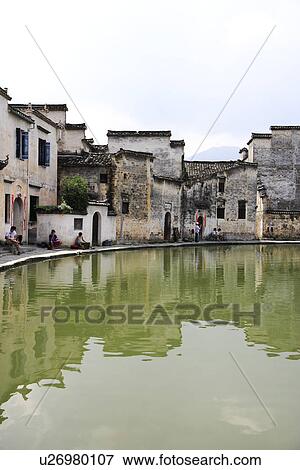 Half-moon pond, Hongcun village, Anhui Province, China, Asia View Large Photo Image Stock Photo - Half-moon pond, Hongcun village, Anhui Province, China, Asia. Fotosearch