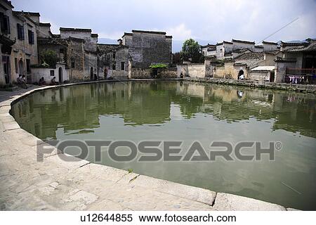 Stock Photography - Half-moon pond, Hongcun village, Anhui Province, China, Asia. Fotosearch