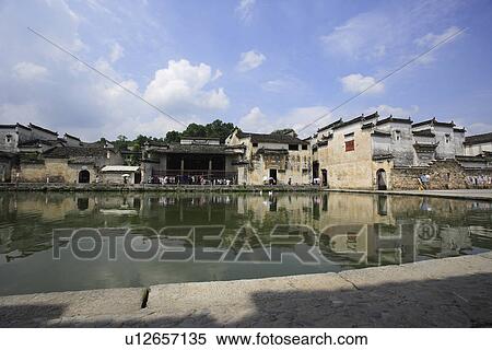 Half-moon pond, Hongcun village, Anhui Province, China, Asia View Large Photo Image Stock Photography - Half-moon pond, Hongcun village, Anhui Province, China, Asia. Fotosearch