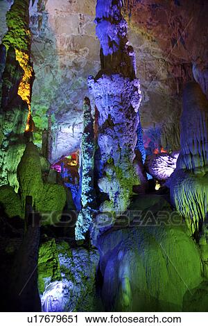Stock Image - China, Yunnan Province, Jiuxiang Cave, Stalactites and stalagmites. Fotosearch