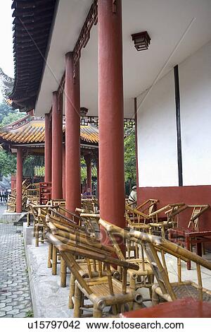 Stock Image - China, Sichuan, Wenshu Monastery, chairs in corridor. Fotosearch