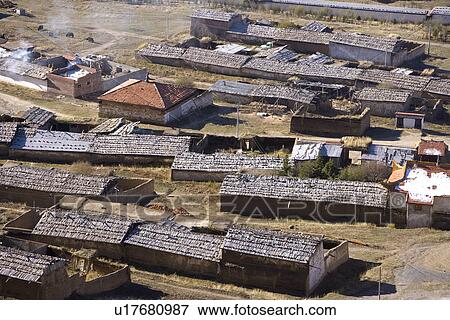 Stock Photo - China, Sichuan, Ruoergai Grassland, Houses, high angle view. Fotosearch