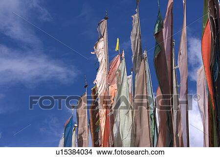 China, Sichuan Province, Jiuzhaigou, Shuzheng Village, Flags View Large Photo Image Picture - China, Sichuan Province, Jiuzhaigou, Shuzheng Village, Flags. Fotosearch