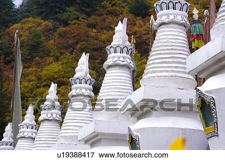 Stock Photo - China, Sichuan Province, Jiuzhaigou, white towers. Fotosearch