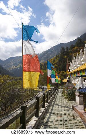 China, Sichuan Province, Jiuzhaigou, Prayer flags and white towers View Large Photo Image Stock Photography - China, Sichuan Province, Jiuzhaigou, Prayer flags and white towers. Fotosearch