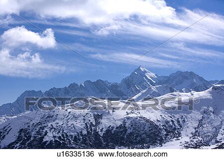 Stock Photograph - China, Sichuan, Chuanzhusi Town, Snow-covered mountain. Fotosearch