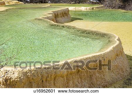 Stock Image - China, Sichuan, Huanglong, Glamorous Pools. Fotosearch