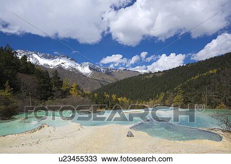 Stock Image - China, Sichuan, Huanglong, Glamorous Pools. Fotosearch