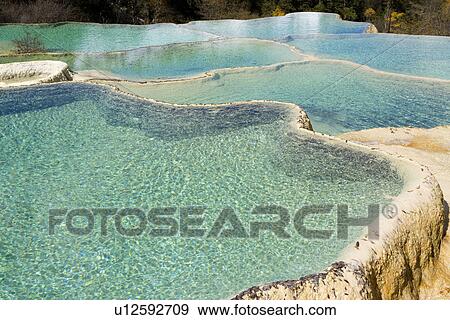 Stock Photo - China, Sichuan, Huanglong, Glamorous Pools. Fotosearch