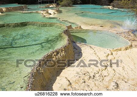 Stock Photo - China, Sichuan, Huanglong, Glamorous Pools. Fotosearch