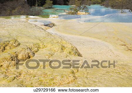 Stock Photograph - China, Sichuan, Huanglong, Glamorous Pools. Fotosearch