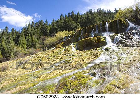 China, Sichuan, Huanglong, Golden Flying Waterfall View Large Photo Image Stock Photo - China, Sichuan, Huanglong, Golden Flying Waterfall. Fotosearch