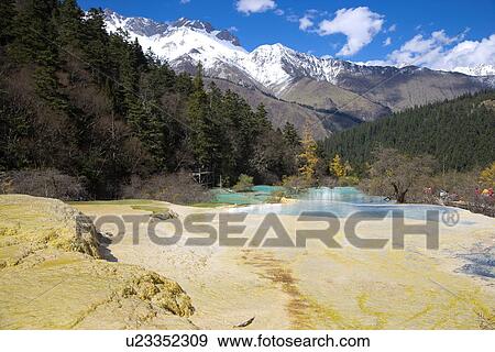 Stock Photo - China, Sichuan, Huanglong, Mirror Pond. Fotosearch