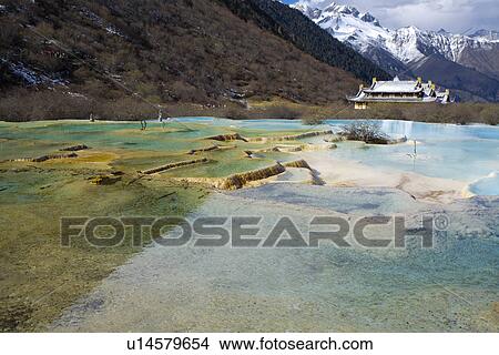 Picture - China, Sichuan, Huanglong, Multi-colored Pool and Middle Temple. Fotosearch