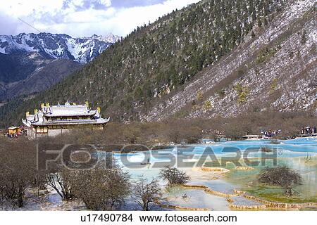 Picture - China, Sichuan, Huanglong, Multi-colored Pool and Huanglong Temple. Fotosearch