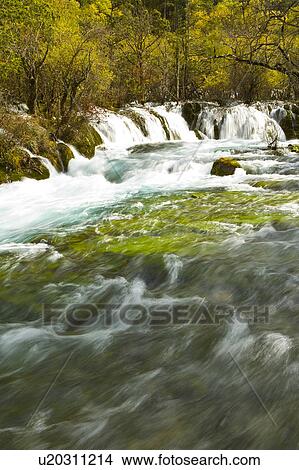 Picture - China, Sichuan Province, Nine Village Valley, Shuzheng Waterfall. Fotosearch