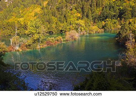 Stock Image - China, Sichuan Province, Nine Village Valley, Sparkling Lake. Fotosearch