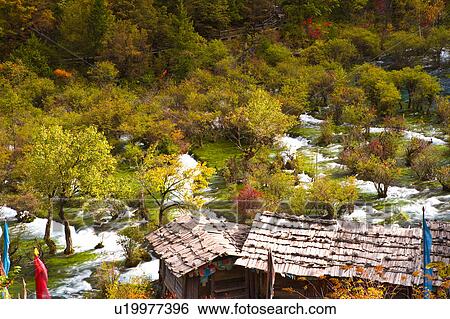 Stock Photograph - China, Sichuan Province, Nine Village Valley, Shuzheng Lakes. Fotosearch