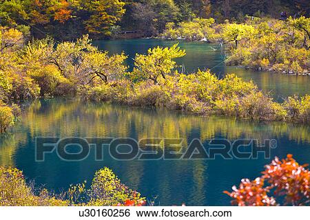 Stock Photograph - China, Sichuan Province, Nine Village Valley, Shuzheng Lakes. Fotosearch