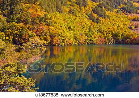 Stock Photography - China, Sichuan Province, Nine Village Valley, Sparkling Lake. Fotosearch