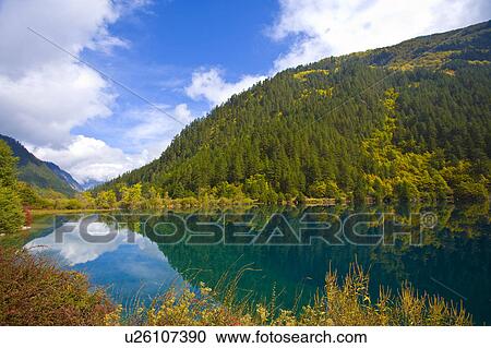 Stock Image - China, Sichuan Province, Rhinoceros lake in Jiuzhaigou National Park. Fotosearch