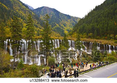 China, South Central China, Sichuan Province, Jiuzhaigou, waterfall, Large Group of People, Horizontal, Tourist, View Large Photo Image Stock Image - China, South Central China, Sichuan Province, Jiuzhaigou, waterfall, Large Group of People, Horizontal, Tourist,. Fotosearch