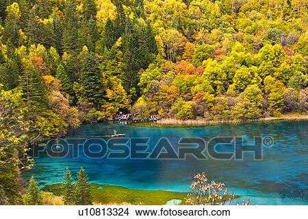 Picture - China, Sichuan Province, Nine Village Valley, Five Flower Lake. Fotosearch
