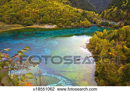 Stock Image - China, Sichuan Province, Nine Village Valley, Five Flower Lake. Fotosearch
