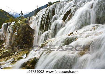 Stock Image - China, Sichuan Province, Nine Village Valley, waterfalls. Fotosearch
