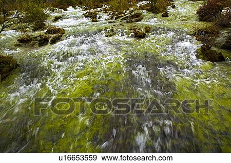Stock Photo - China, Sichuan Province, Nine Village Valley, Pearl Shoal. Fotosearch