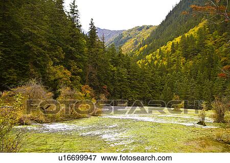 China, Sichuan Province, Nine Village Valley, Pearl Shoal View Large Photo Image Stock Photo - China, Sichuan Province, Nine Village Valley, Pearl Shoal. Fotosearch