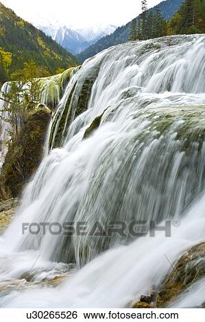 China, Sichuan Province, Nine Village Valley, Pearl Shoal, Waterfall View Large Photo Image Stock Photograph - China, Sichuan Province, Nine Village Valley, Pearl Shoal, Waterfall. Fotosearch