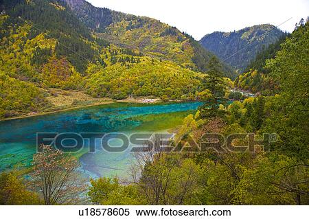 Stock Photography - China, Sichuan Province, Nine Village Valley, Five Flower Lake. Fotosearch