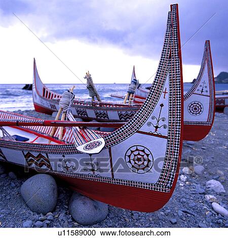 Stock Image - Asia, Taiwan, Lanyu Island, Yami Boats. Fotosearch