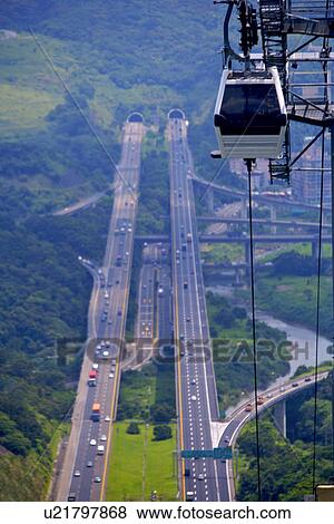Stock Photo - Asia, Taiwan, Taipei, Aerial view of a cable car. Fotosearch