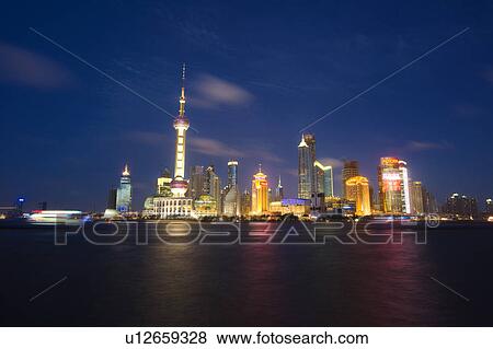 China, Shanghai, Pudong, skyline with Oriental Pearl TV Tower, night View Large Photo Image Stock Photo - China, Shanghai, Pudong, skyline with Oriental Pearl TV Tower, night. Fotosearch