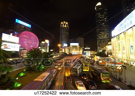 China, Shanghai, Xujiahui, traffic at night View Large Photo Image Stock Image - China, Shanghai, Xujiahui, traffic at night. Fotosearch