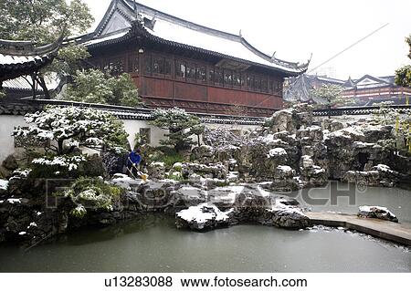 Stock Photo - China, Shanghai, Yu Garden with snow. Fotosearch