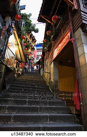 Stock Image - Steps to old street in Jiu Fen, Rui Fang, Taipei County, Taiwan. Fotosearch