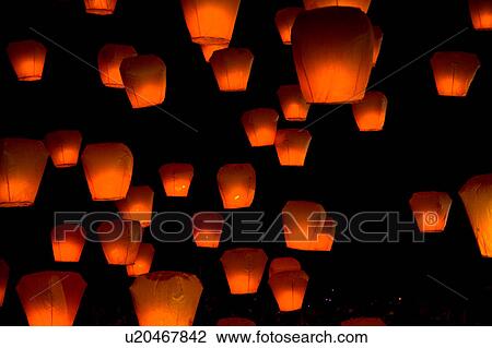 Stock Image - "Taiwan, Taipei, Pingsi, Shifen, Pingsi Lantern Festival, Lantern, ". Fotosearch