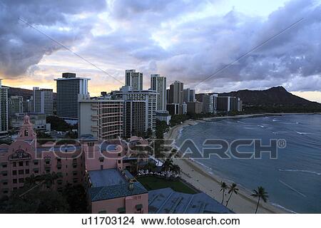 "Beach Resort In Dawn, Honolulu, Hawaii, U. S. A. " View Large Photo Image Picture - "Beach Resort In Dawn, Honolulu, Hawaii, U. S. A. ". Fotosearch